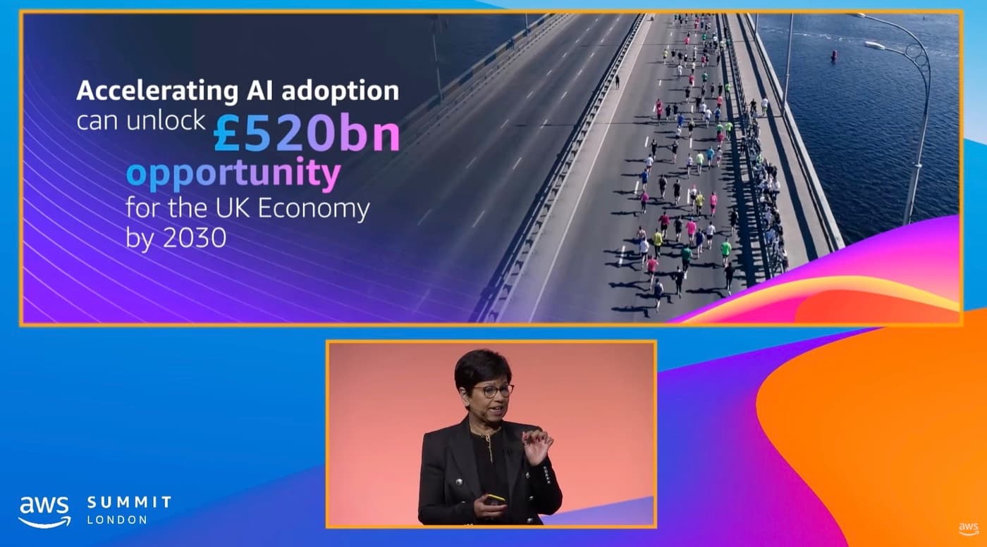AWS Summit London stage slide stating that accelerating AI adoption can unlock a £520bn opportunity for the UK economy by 2030, with a speaker inset below.