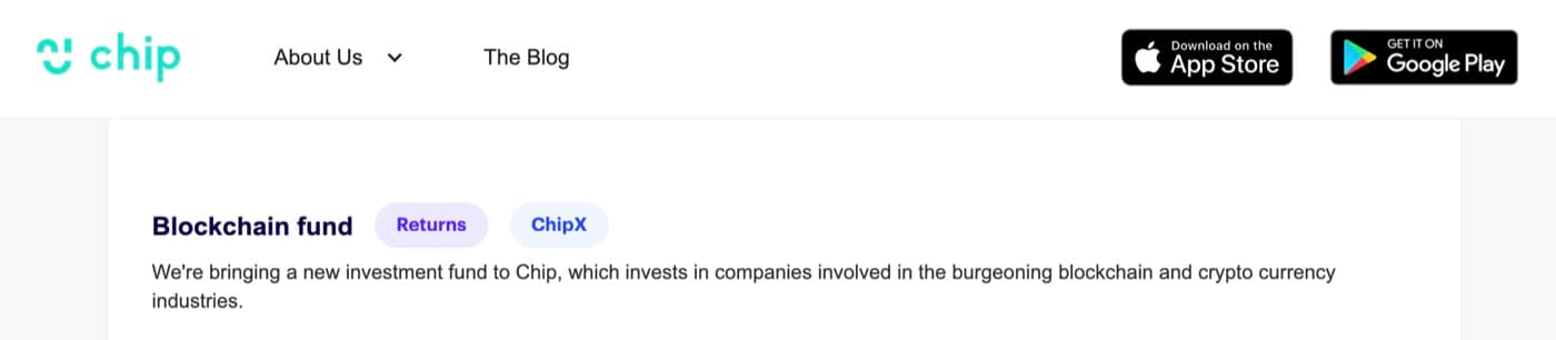 Chip savings app web page announcing a blockchain fund investing in companies in the blockchain and cryptocurrency industries.