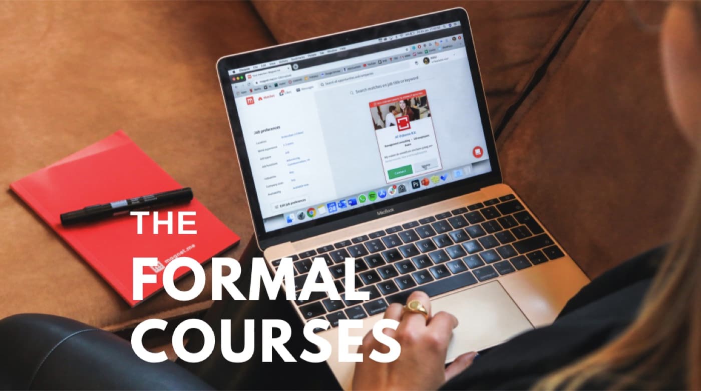 Photograph of a person at a laptop reviewing a job-matching platform, overlaid with the words The Formal Courses.