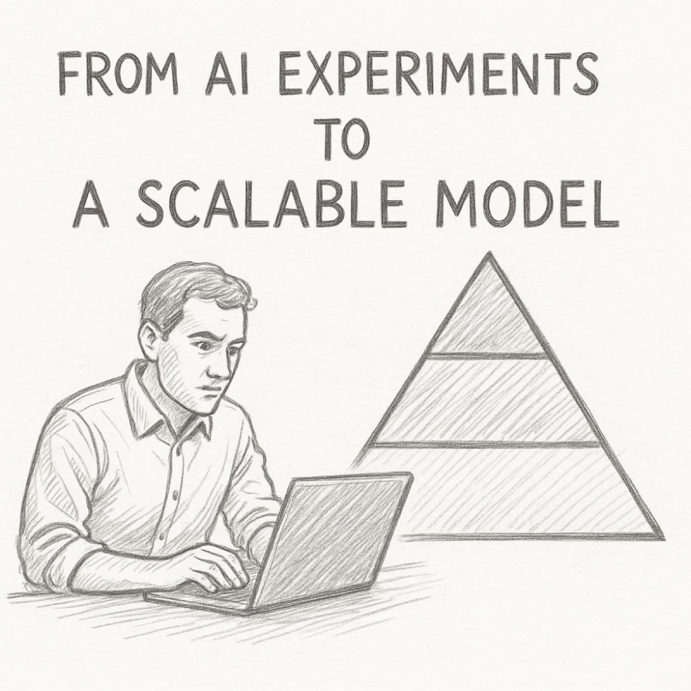 Hand-drawn illustration of a person working at a laptop beside a three-tier pyramid, titled From AI experiments to a scalable model.