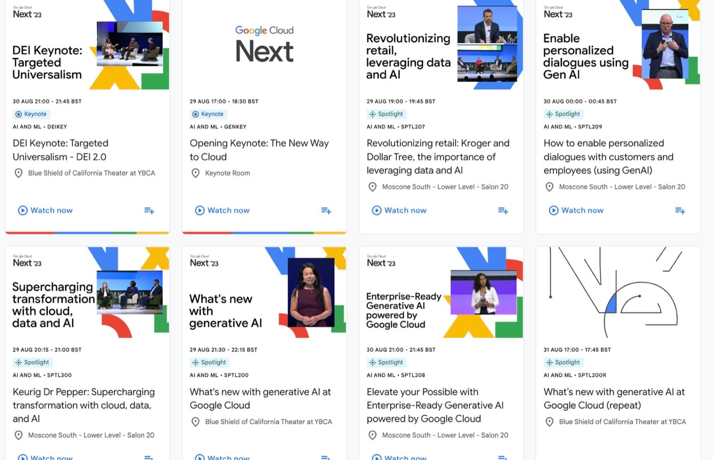 Grid of Google Cloud Next '23 session cards covering generative AI keynotes, retail personalisation and enterprise-ready generative AI.