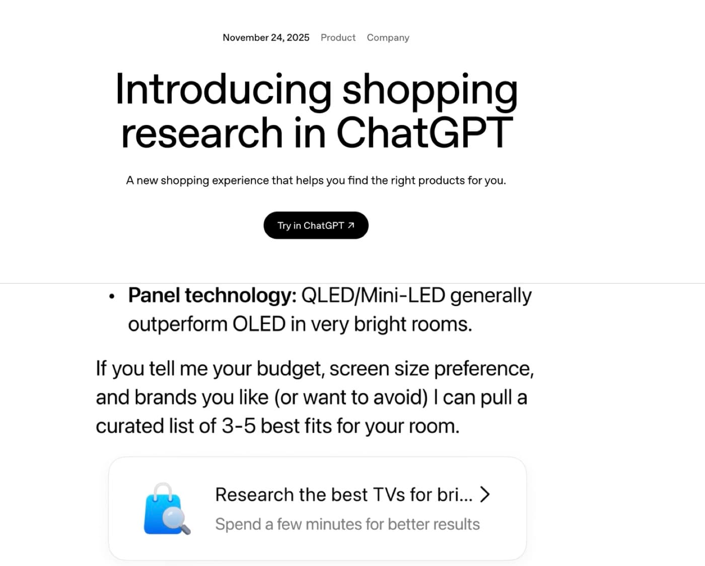 OpenAI product announcement page for shopping research in ChatGPT, alongside an example of the assistant comparing television panel technologies and offering a curated shortlist.