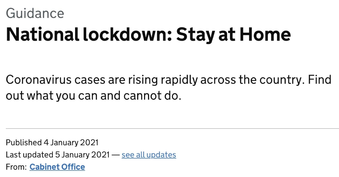 UK Cabinet Office guidance page headed National lockdown: Stay at Home, published 4 January 2021.
