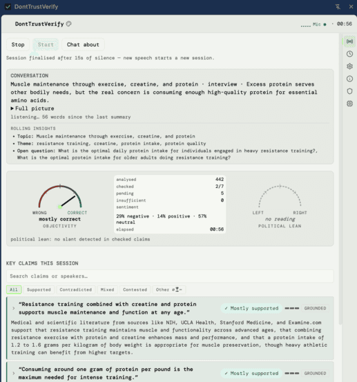 Screenshot of DontTrustVerify in dark theme, showing gauges reading "no political slant detected" and grounded claims.