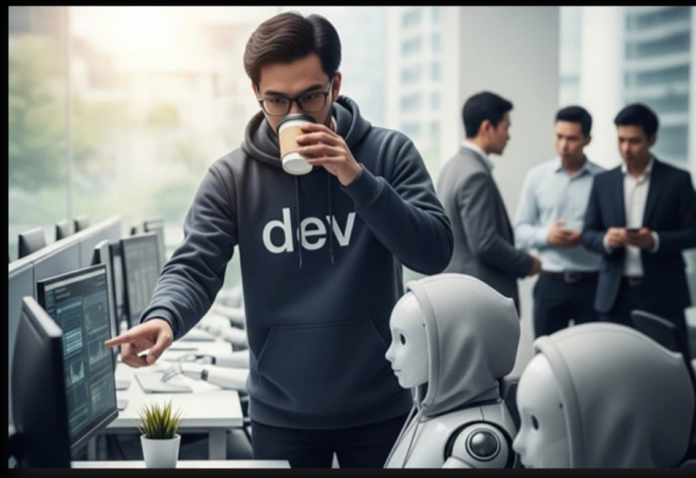 Illustration of a developer in a hoodie holding coffee and pointing at a screen, with two robot figures seated at the desk and colleagues talking in the background.
