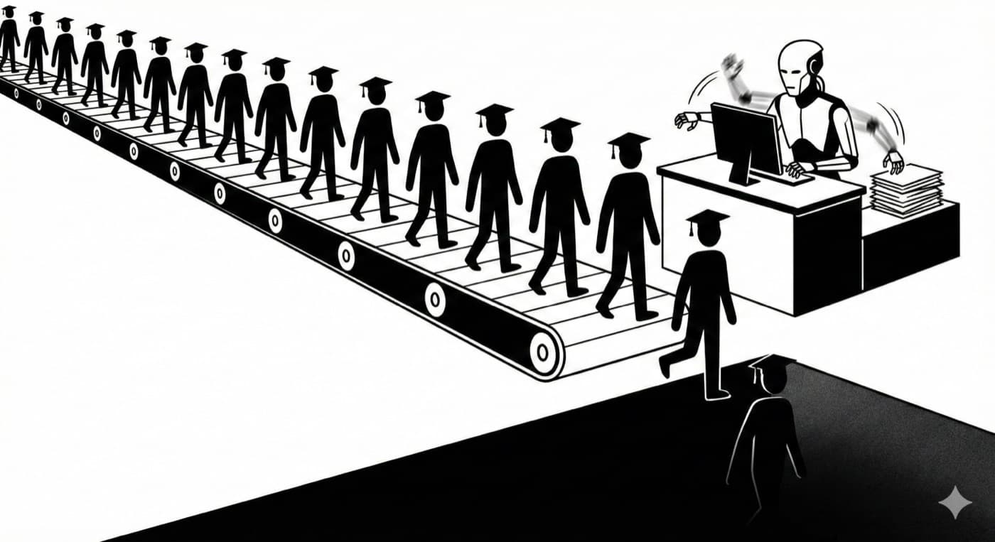 Monochrome illustration of graduates in mortarboards riding a conveyor belt toward a robot seated at a desk with a stack of papers, while one graduate walks off into darkness.
