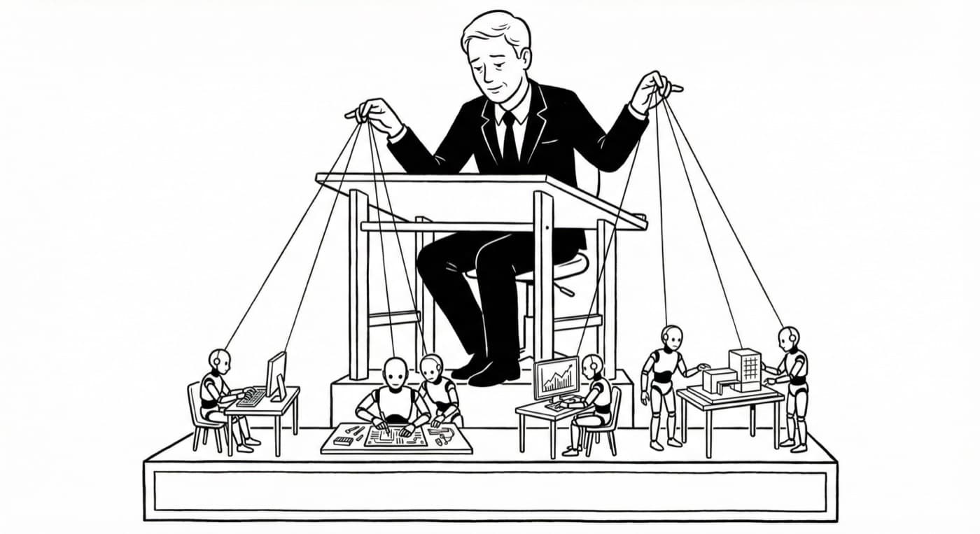 Line illustration of a manager seated above a stage, working marionette strings attached to small figures at desks below.