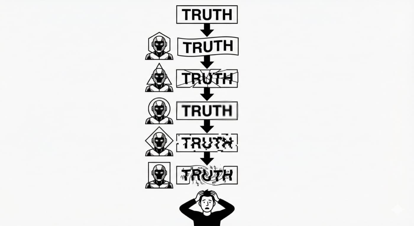 Diagram showing the word TRUTH passed down through six agent handoffs, distorting at each step until it is illegible, with a person below holding their head in their hands.