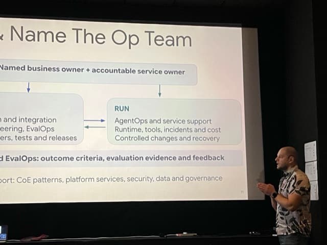 Jaroslav Pantsjoha beside a slide titled "Form & Name The Op Team", which splits Build from Run under a named business owner and an accountable service owner, with business-led EvalOps underneath.
